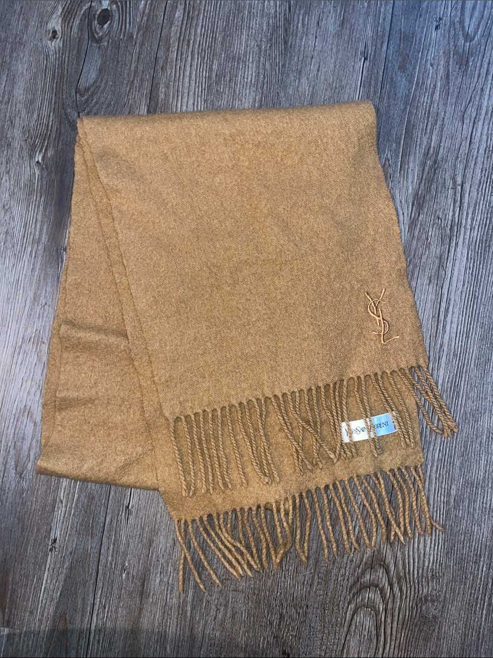 YSL YVES SAINT LAURANT Camel/Tan Wool Fringed Scarf with YSL Monogram